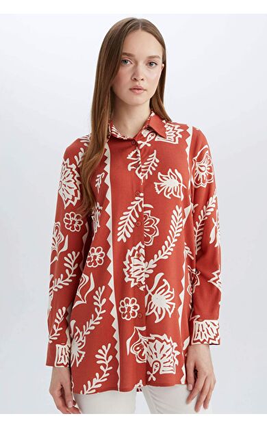 Relax Fit Gömlek Yaka Desenli Viskon Uzun Kollu Tunik