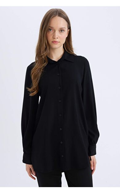 Regular Fit Basic Düz Viskon Uzun Kollu Gömlek Tunik