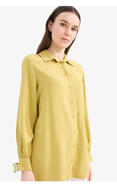 Regular Fit Basic Düz Viskon Uzun Kollu Gömlek Tunik