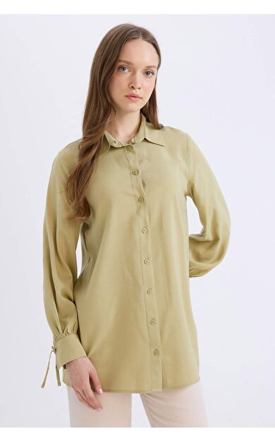 Regular Fit Basic Düz Viskon Uzun Kollu Gömlek Tunik