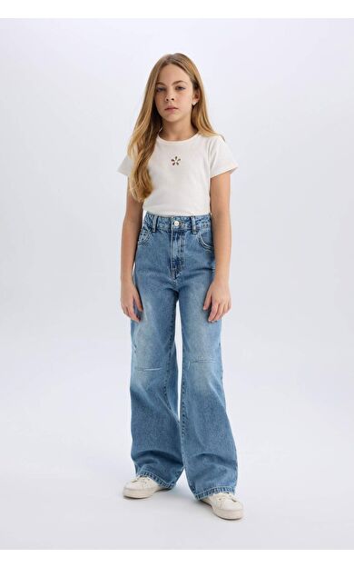 DeFacto Kız Çocuk Wide Leg Yırtık Detaylı Geniş Paça Jean Pantolon D7374A825SMNM39