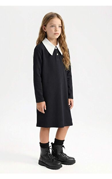 Kız Çocuk Gömlek Yaka Basic Düz Uzun Kollu Siyah Elbise
