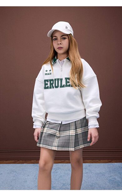 DeFacto Kız Çocuk Oversize Geniş Kalıp Polo Yaka Baskılı İçi Yumuşak Tüylü Sweatshirt