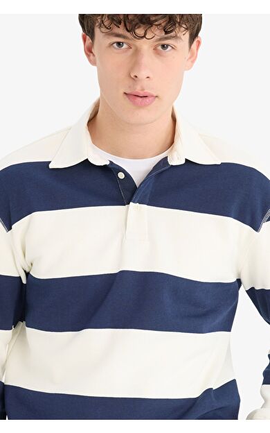 DeFacto Relax Fit Polo Yaka Çizgili Kalın Sweatshirt