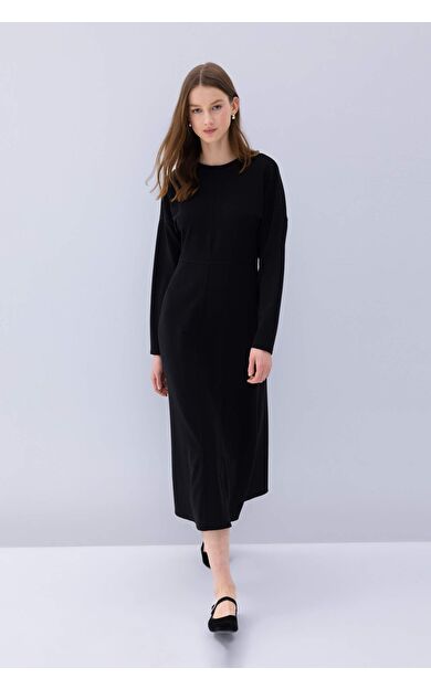 Relax Fit Krep Uzun Kollu Maxi Elbise