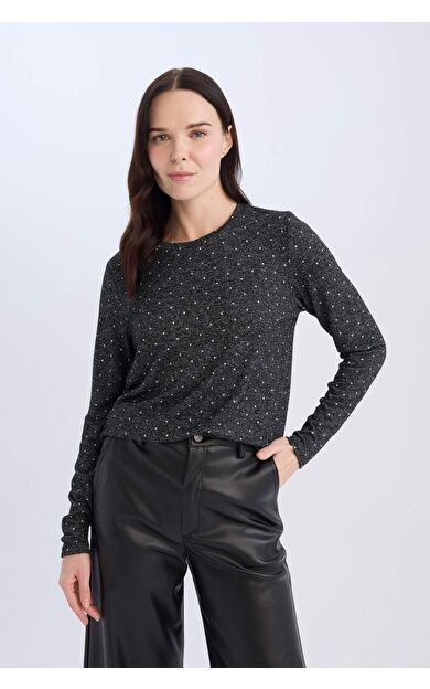 DeFacto Gri Regular Fit Bisiklet Yaka Puantiyeli Uzun Kollu Tişört