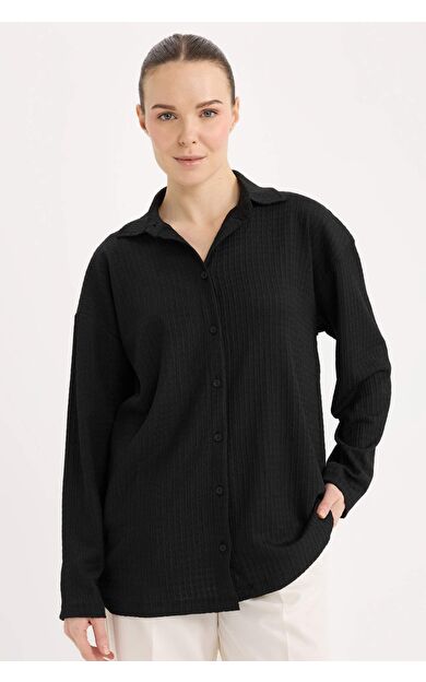 DeFacto Traditional Relax Fit Polo Yaka Bürümcük Uzun Kollu Tişört D7520AX24AUBK81