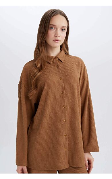 Relax Fit Polo Yaka Bürümcük Uzun Kollu Gömlek