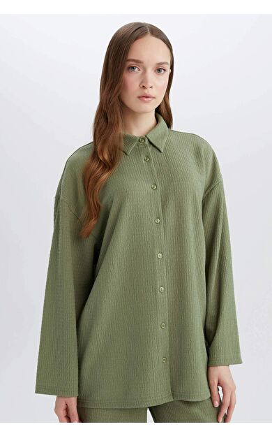 Relax Fit Polo Yaka Bürümcük Uzun Kollu Gömlek