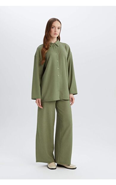 Straight Fit Beli Lastikli Basic Düz Bürümcük Geniş Paça Pantolon