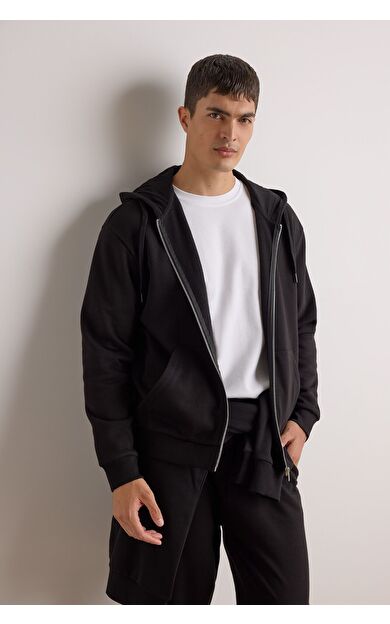 DeFacto Relax Fit Kapüşonlu İçi Yumuşak Tüylü Basic Düz Kalın Fermuarlı Sweatshirt