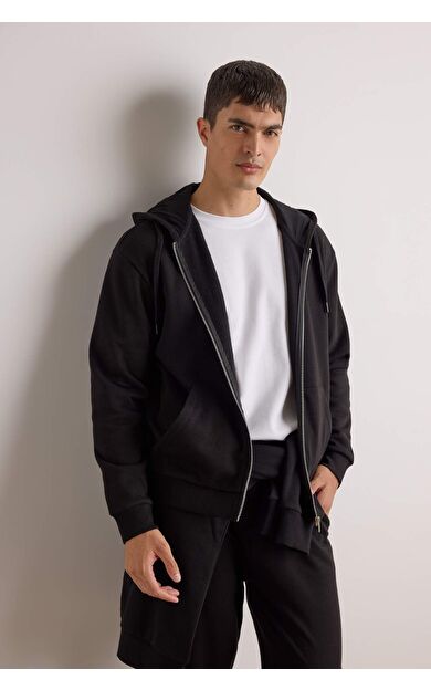DeFacto Relax Fit Kapüşonlu İçi Yumuşak Tüylü Basic Düz Kalın Fermuarlı Sweatshirt