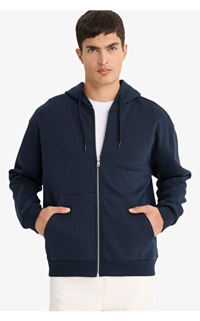 DeFacto Relax Fit Kapüşonlu İçi Yumuşak Tüylü Basic Düz Cepli Kalın Fermuarlı Sweatshirt