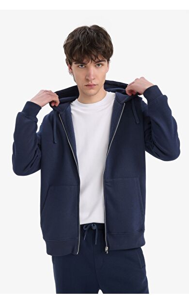 DeFacto Comfort Fit Kapüşonlu İçi Yumuşak Tüylü Basic Düz Kalın Fermuarlı Sweatshirt