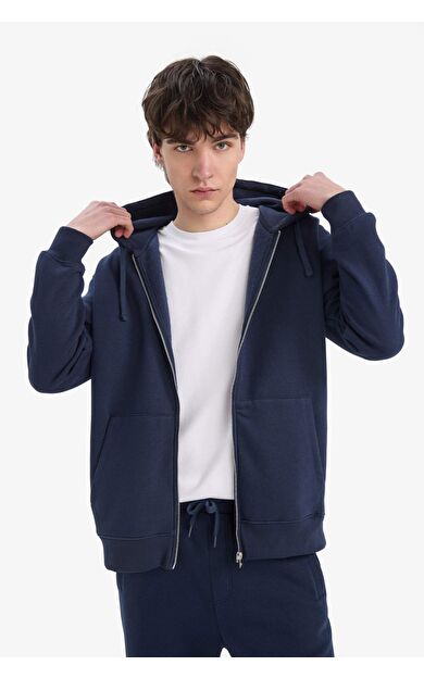 DeFacto Comfort Fit Kapüşonlu İçi Yumuşak Tüylü Basic Düz Kalın Fermuarlı Sweatshirt