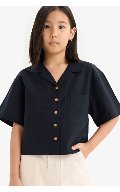 DeFacto Kız Çocuk Crop Keten Kısa Kollu Gömlek D7638A825SMBK27