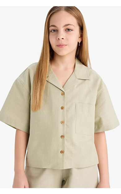 DeFacto Kız Çocuk Crop Keten Kısa Kollu Gömlek D7638A825SMGN1156