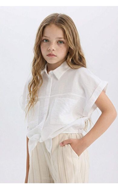 DeFacto Kız Çocuk Crop Bağlama Detaylı Kısa Kollu Gömlek