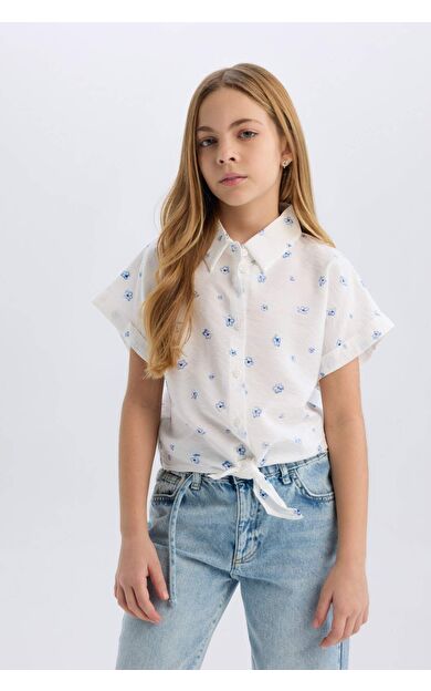 DeFacto Kız Çocuk Crop Desenli Bağlama Detaylı Kısa Kollu Gömlek