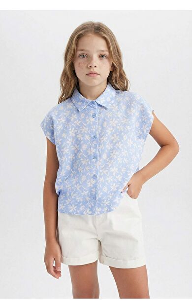 DeFacto Kız Çocuk Crop Pamuklu Çiçekli Kısa Kollu Gömlek