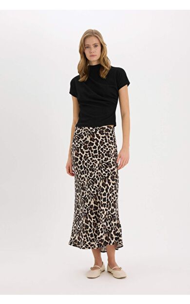 A Kesim Normal Bel Leopar Desenli Saten Maxi Etek
