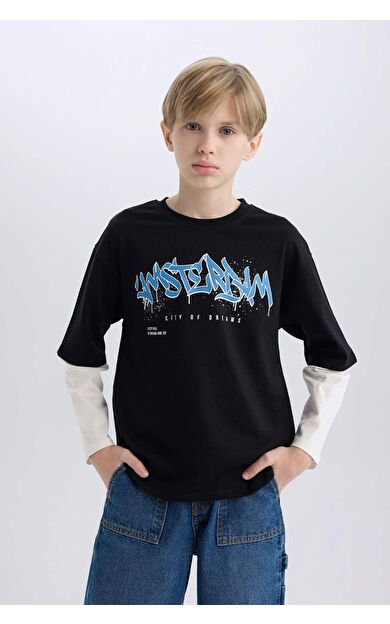 DeFacto Erkek Çocuk Oversize Geniş Kalıp Bisiklet Yaka Baskılı Uzun Kollu Tişört D7701A825SPBK81