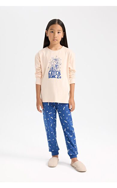 DeFacto Kız Çocuk Pijama Takımı Baskılı Uzun Kollu Üst Beli Lastikli Uzun Alt D7743A824WNPN434
