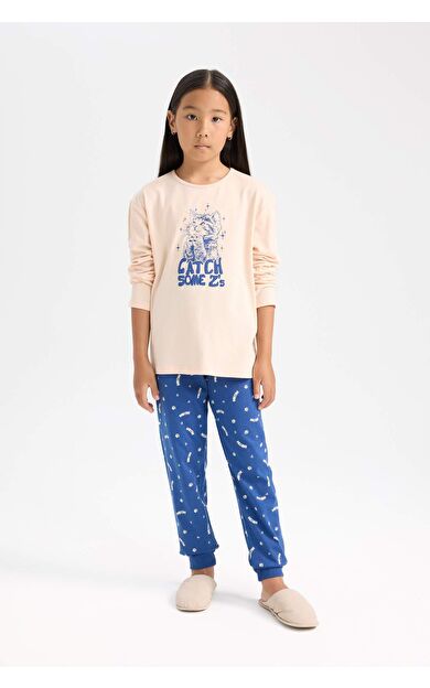 DeFacto Kız Çocuk Pijama Takımı Baskılı Uzun Kollu Üst Beli Lastikli Uzun Alt D7743A824WNPN434