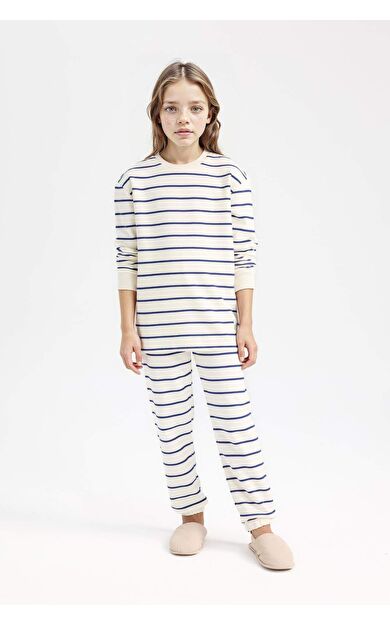 DeFacto Kız Çocuk Pijama Takım Çizgili Uzun Kollu Üst Beli Lastikli Uzun Alt