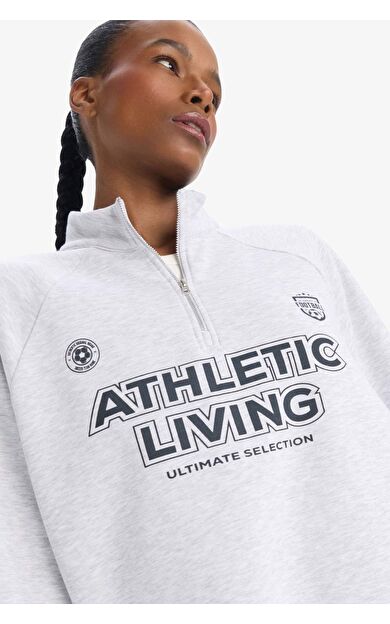 DeFacto DeFactoFit Oversize Geniş Kalıp Dik Yaka Slogan Baskılı Sporcu Sweatshirt