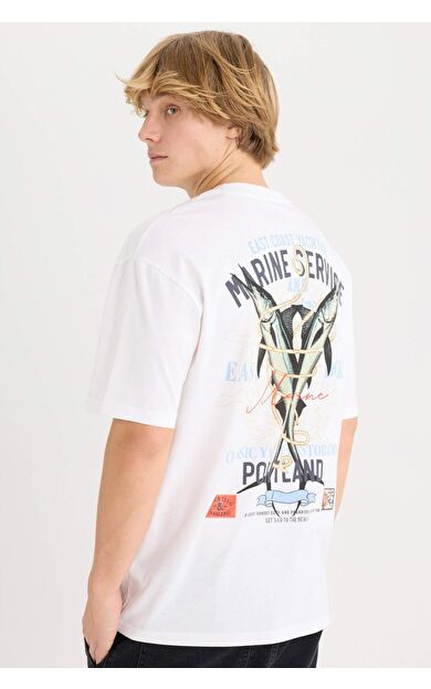 DeFacto Oversize Geniş Kalıp Bisiklet Yaka Sırt Baskılı Kısa Kollu Tişört D7814AX25SPWT34