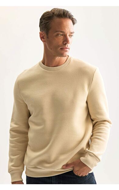 DeFacto Erkek Bej 3 İplik Pamuklu Şardonlu İçi Polarlı Regular Fit Bisiklet Yaka Kalın Sweatshirt