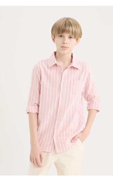 DeFacto Erkek Çocuk Polo Yaka Çizgili Keten Karışımlı Uzun Kollu Gömlek