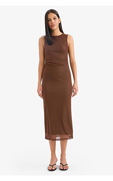 Bodycon Vücudu Saran Yuvarlak Yaka Tül Kolsuz Midi Elbise