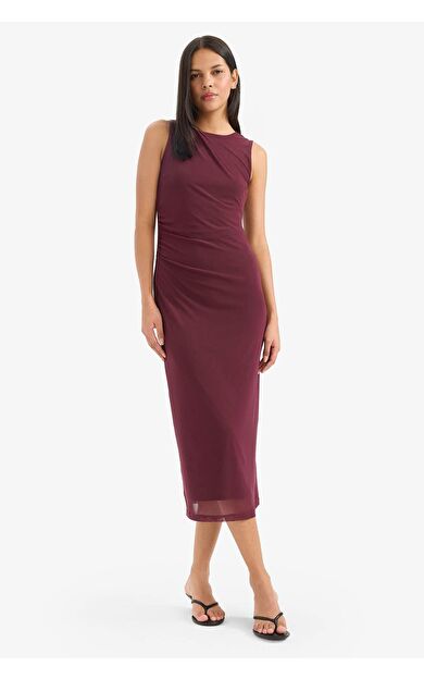 Bodycon Vücudu Saran Yuvarlak Yaka Tül Kolsuz Midi Elbise