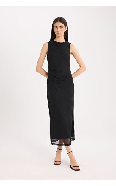 DeFacto Bodycon Vücudu Saran Yuvarlak Yaka Basic Düz Tül Kolsuz Midi Elbise