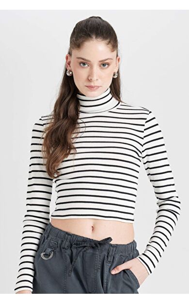 Coool Fitted Çizgili Fitilli Kaşkorse Balıkçı Yaka Uzun Kollu Tişört