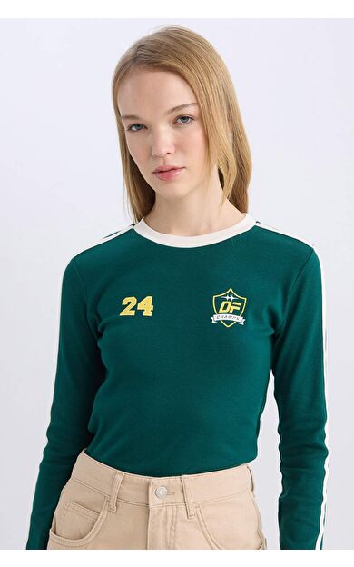 Coool Fitted Vücuda Oturan Baskılı Ribana Uzun Kollu Tişört