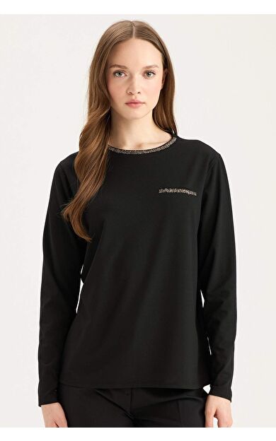 DeFacto Regular Fit Bisiklet Yaka Taşlı Uzun Kollu Tişört