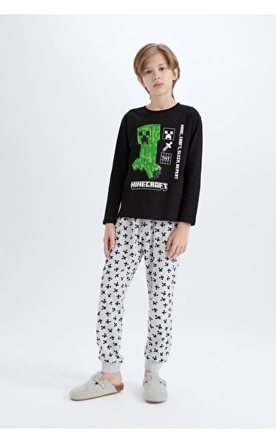 DeFacto Erkek Çocuk Minecraft Pijama Takımı Bisiklet Yaka Uzun Kollu Üst Beli Lastikli Uzun Alt D8101A824WNBK81