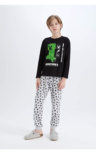 DeFacto Erkek Çocuk Minecraft Pijama Takımı Bisiklet Yaka Uzun Kollu Üst Beli Lastikli Uzun Alt D8101A824WNBK81