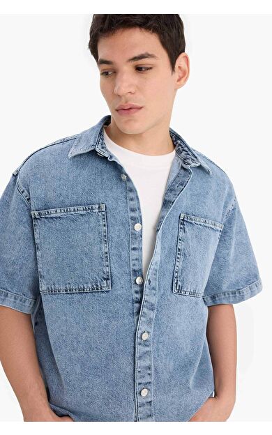 DeFacto Relax Fit Pamuklu Yazlık Kısa Kollu Jean Gömlek