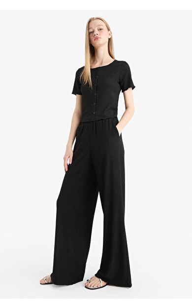 DeFacto Coool Wide Leg Beli Lastikli Krep Pantolon D8160AX25SMBK81