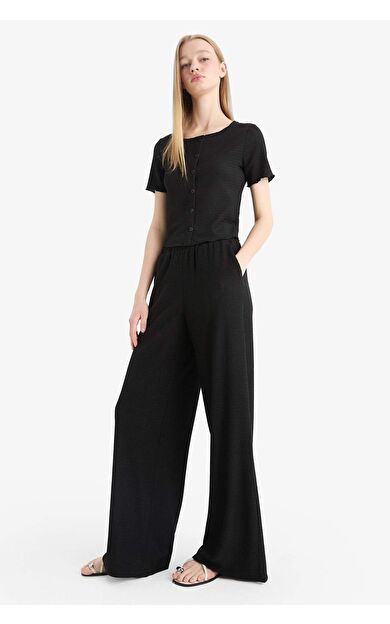 Coool Wide Leg Beli Lastikli Krep Pantolon D8160AX25SMBK81