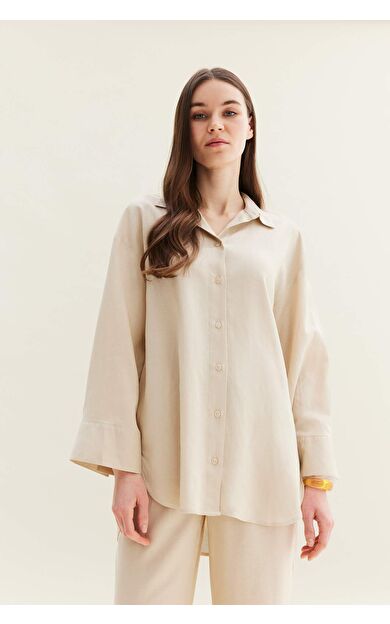 Relax Fit Keten Karışımlı Uzun Kollu GömlekTunik
