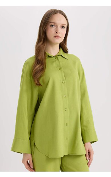 Relax Fit Gömlek Yaka Keten Karışımlı Uzun Kollu Tunik