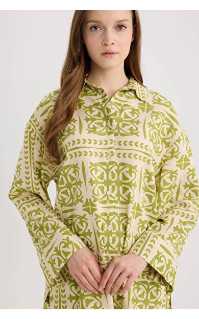 Relax Fit Desenliı Keten Karışımlı Uzun Kollu Gömlek Tunik