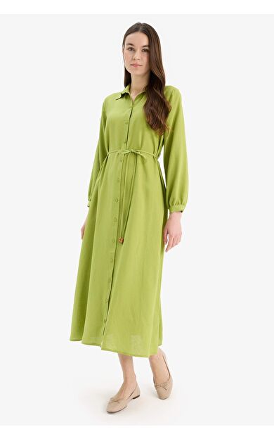 Gömlek Yaka Keten Karışımlı Uzun Kollu Elbise