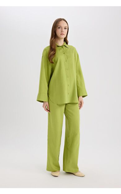 DeFacto Wide Leg Keten Karışımlı Geniş Paça Pantolon D8187AX25SPGN698