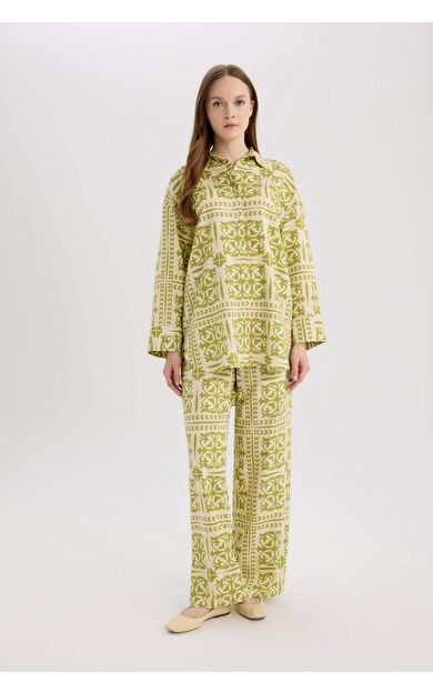 DeFacto Wide Leg Baskılı Keten Karışımlı Pantolon